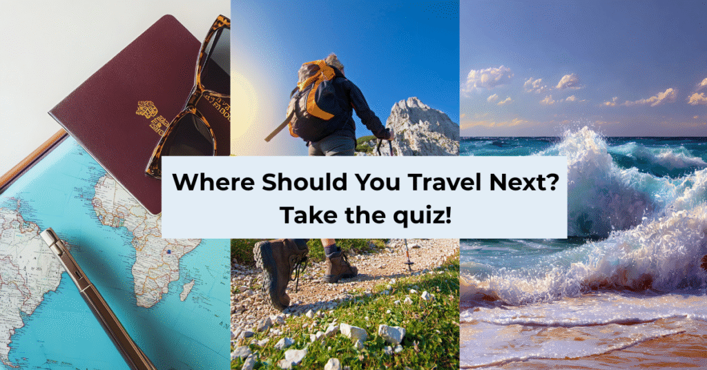 Travel personality quiz collage showing map, hiker, and ocean waves.