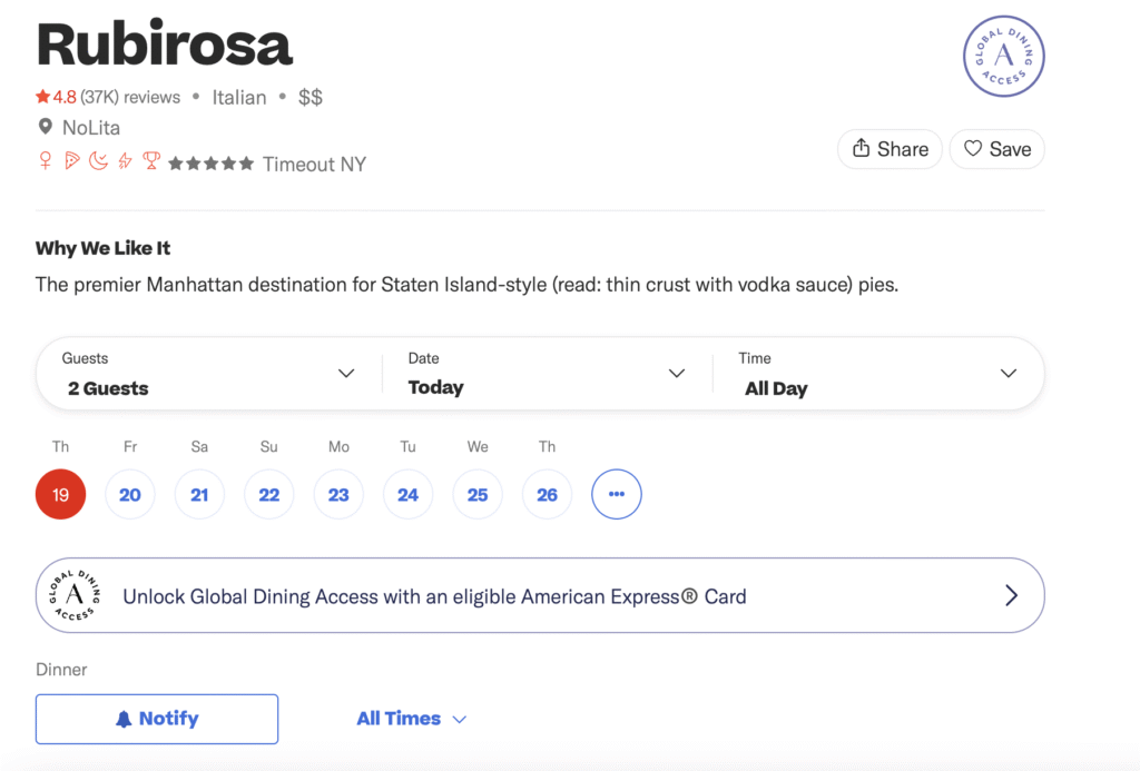 Rubirosa reservation page on Resy