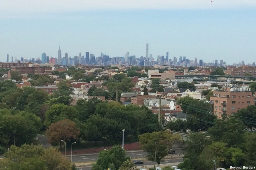 The Midtown Manhattan skyline seen from the highest seats in Arthur Ashe Stadium in 2016.