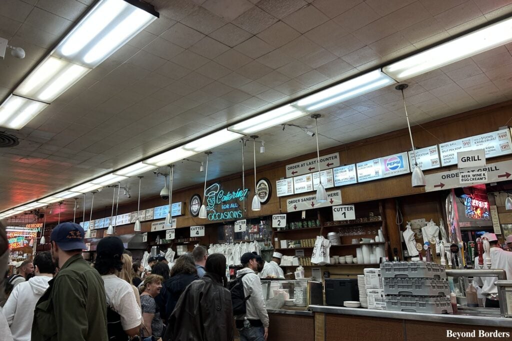Self-service counter at Katz's Deli; best pastrami in NYC