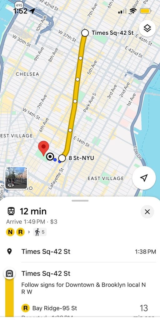 Google Maps app showing the N and R trains as the fastest public transit options to get from Times Square to Washington Square Park in Manhattan, NYC; best NYC subway app