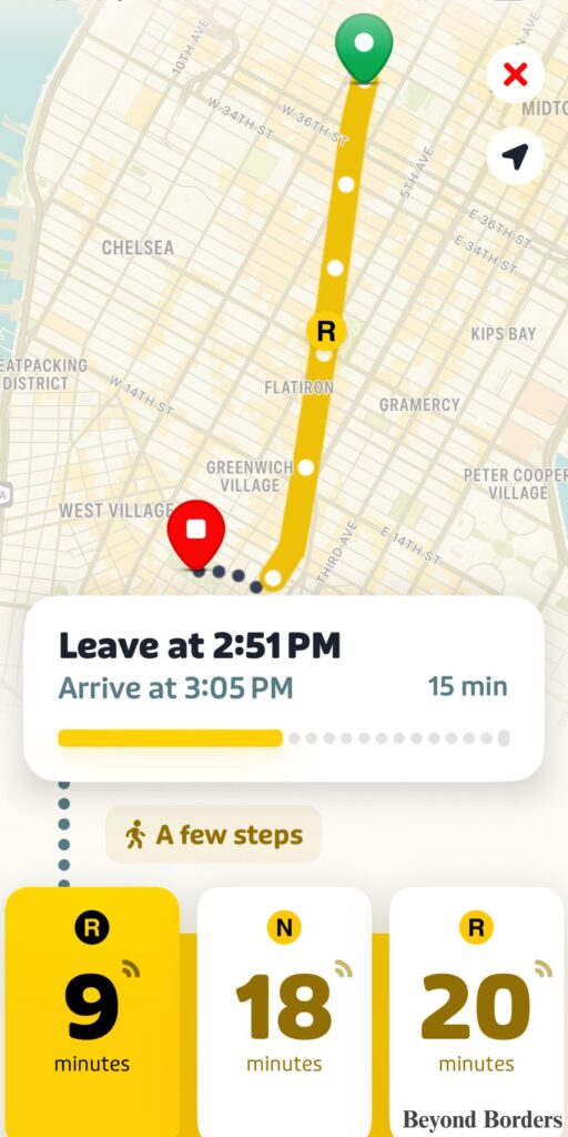 The Transit App lists N and R trains and when they arrive to the station at Times Square.