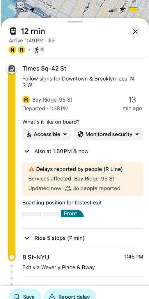 Google Maps tells you to sit in the front of the train to get to the Waverly Place and Broadway exit stairs faster in Manhattan, NYC