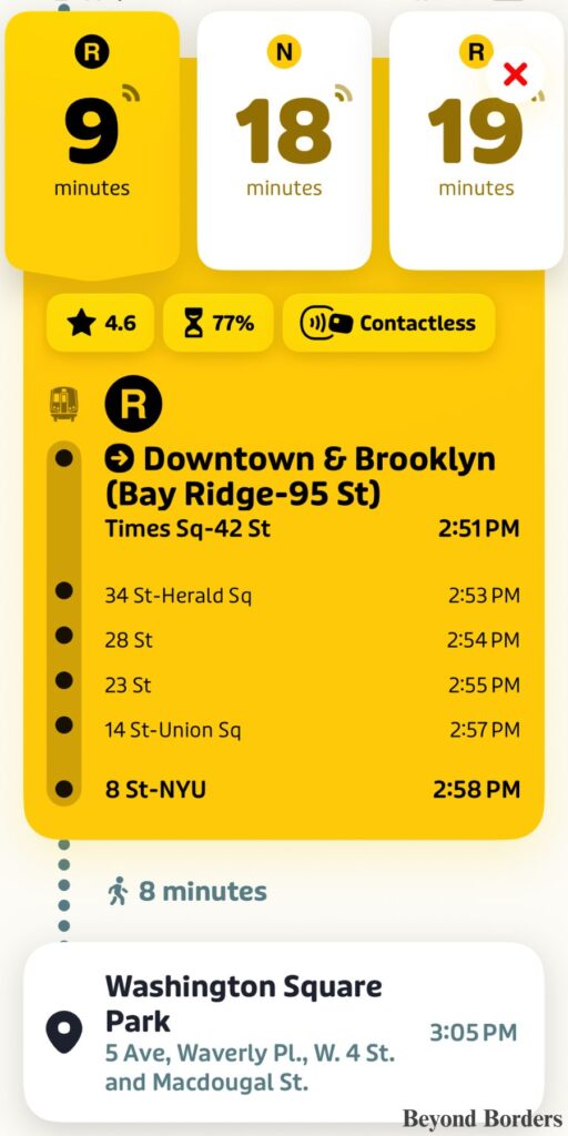 The Transit app tells you to take the upcoming downtown R train to the 8 St--NYU station.