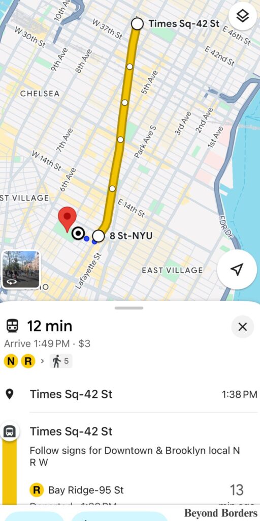 Google Maps app showing the N and R trains as the fastest public transit options to get from Times Square to Washington Square Park; best NYC subway app