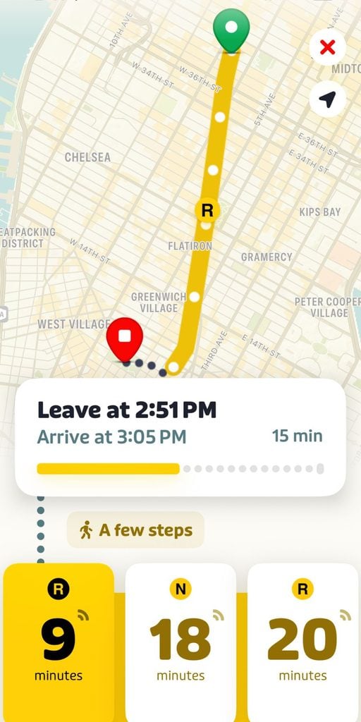 The Transit App lists N and R trains and when they arrive to the station at Times Square in Manhattan, NYC