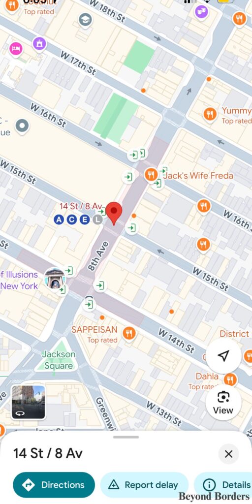 You can see the green arrows at W 16th St that show entrances to the 14 St/8Av subway station.