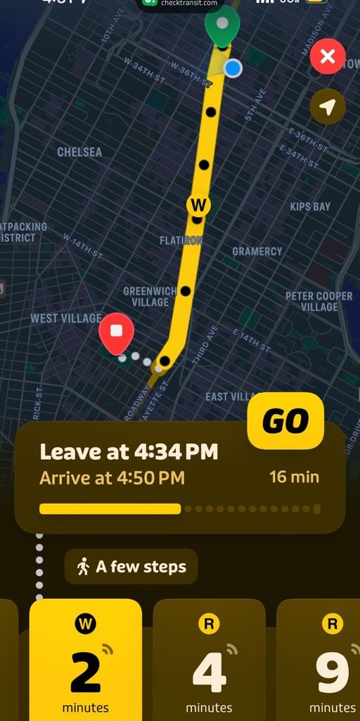 The "GO" button seen on the Transit app screen with the route on the W train from Times Square to Washington Square Park in Manhattan, NYC