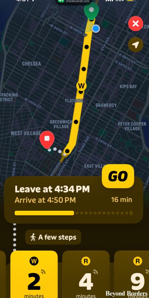 The "GO" button seen on the Transit app screen with the route on the W train from Times Square to Washington Square Park