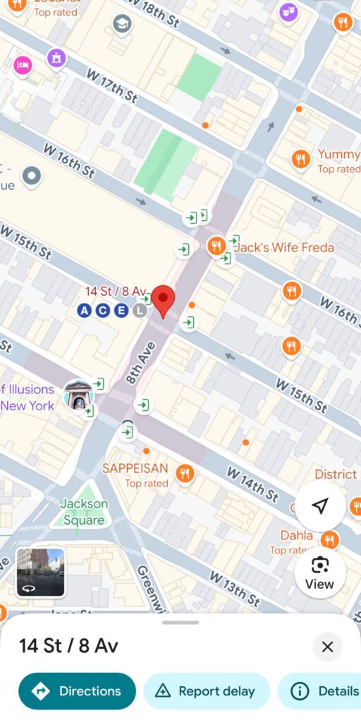 You can see the green arrows at West 16th St that show entrances to the 14 St/8Av subway station in Manhattan, NYC