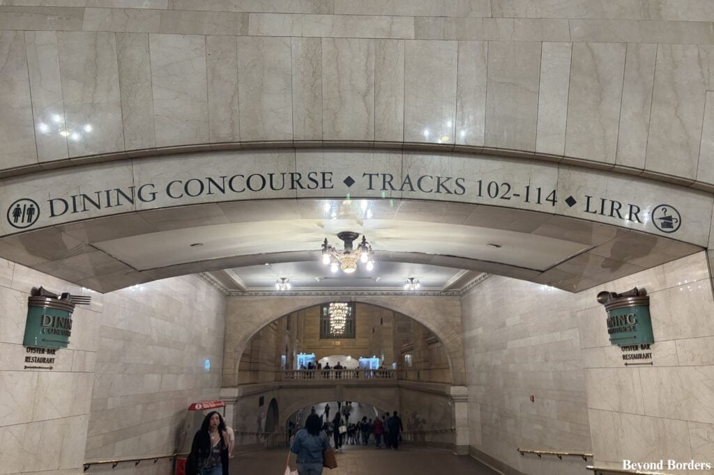 One of the ramps heading down towards the dining concourse where bathrooms are located in Grand Central Terminal in NYC