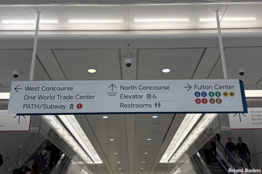 One of the signs you will see in the Oculus' alcoves on the main floor; has nice public bathrooms in NYC