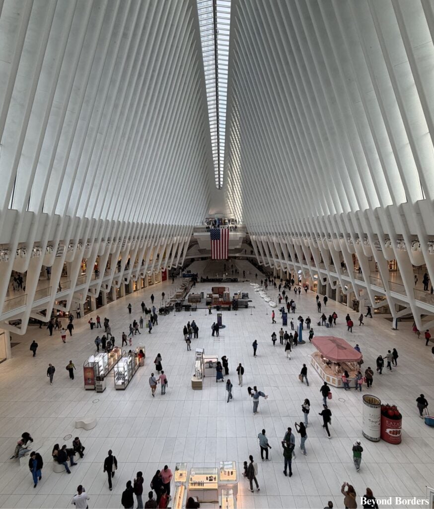 Interior of the Oculus seen from level 2 in downtown NYC; has nice public bathrooms