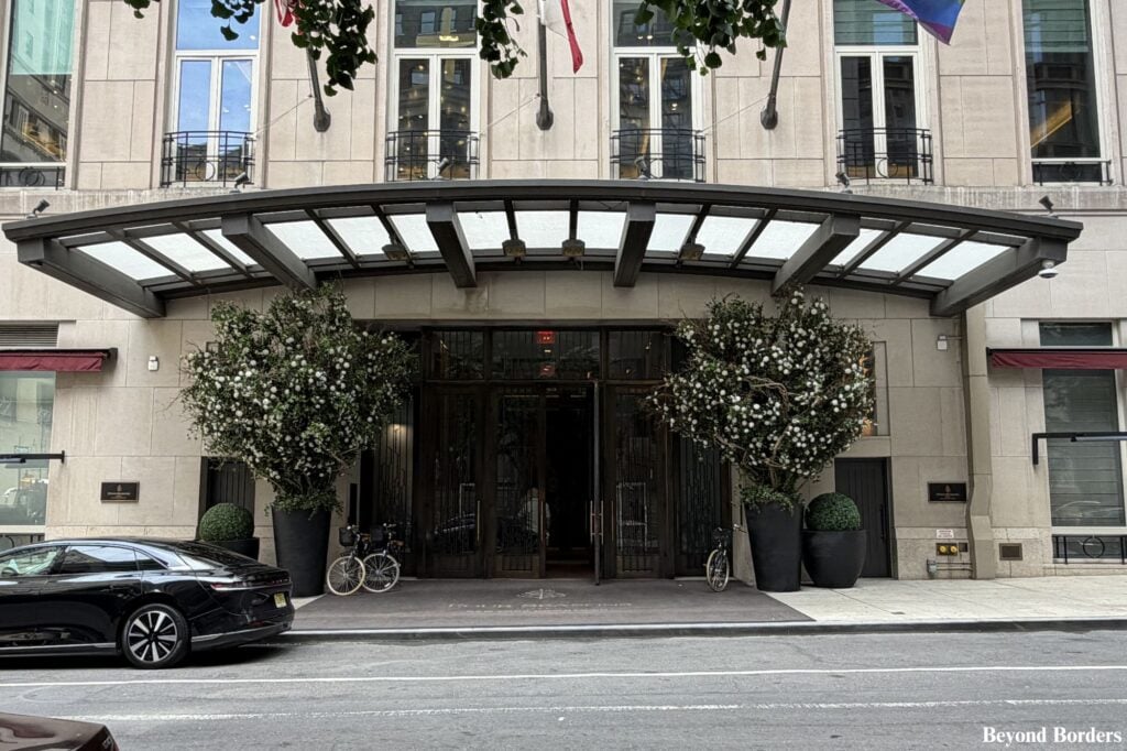 The Four Seasons Hotel New York Downtown entrance in lower Manhattan, NYC; best hotels in Lower Manhattan