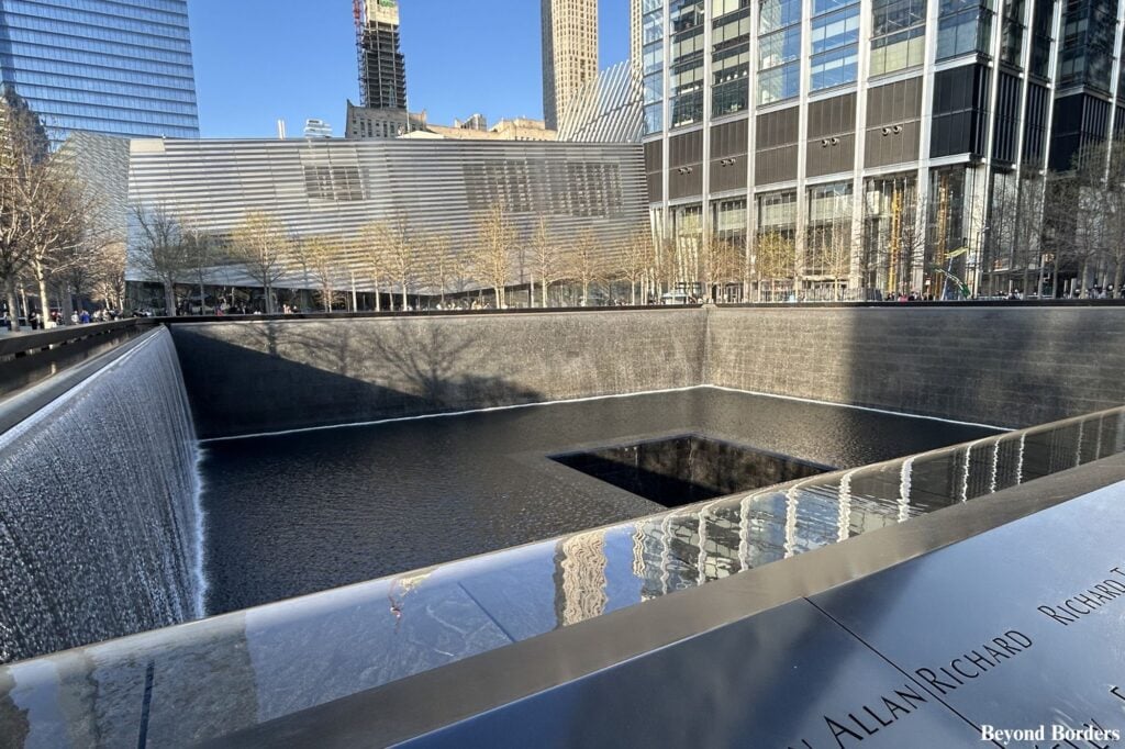 The South Tower Memorial Pool at the 9/11 Memorial and Museum in lower Manhattan, NYC