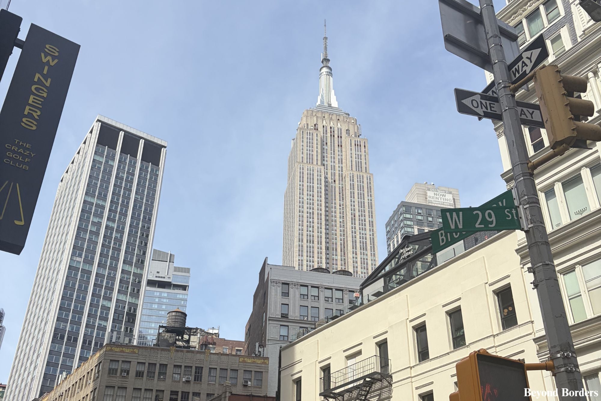 Empire State Building seen from street level in the NoMad area at Broadway and West 29th Street in NYC