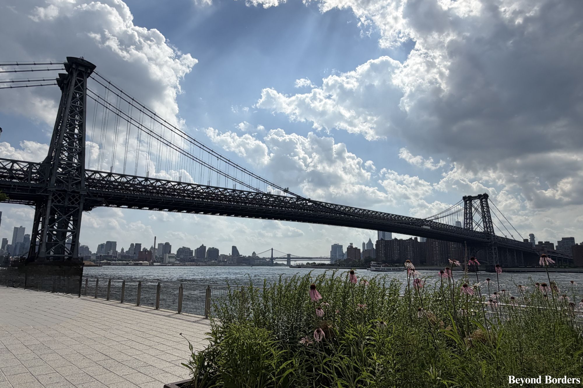 Wide view of the industrial pink steel of the Williamsburg Bridge crossing the East River from the waterfront at Domino Park in Brooklyn