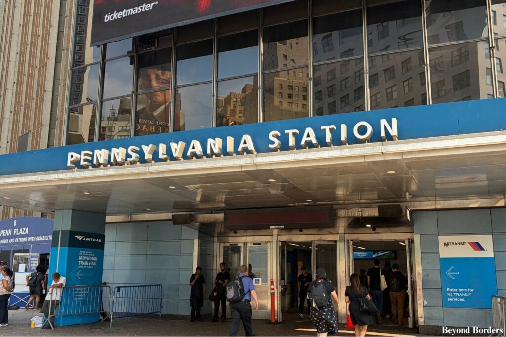 8th Ave entrance to Penn Station in NYC; Manhattan to EWR Airport