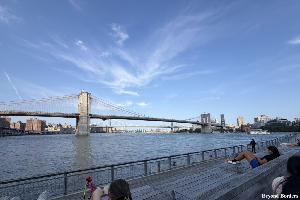 Brooklyn Bridge seen from the Heineken Riverdeck at South Street Seaport in NYC