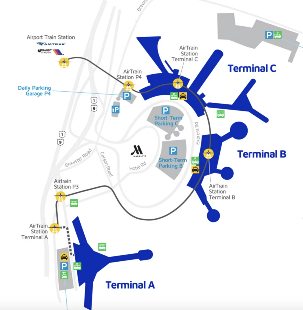 Newark (EWR) Airport map seen on the official website; you can see the NJ Transit station on the left and the AirTrain running between terminals  