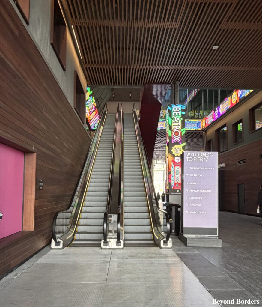 The escalator to the Pier 17 rooftop at South Street Seaport in NYC