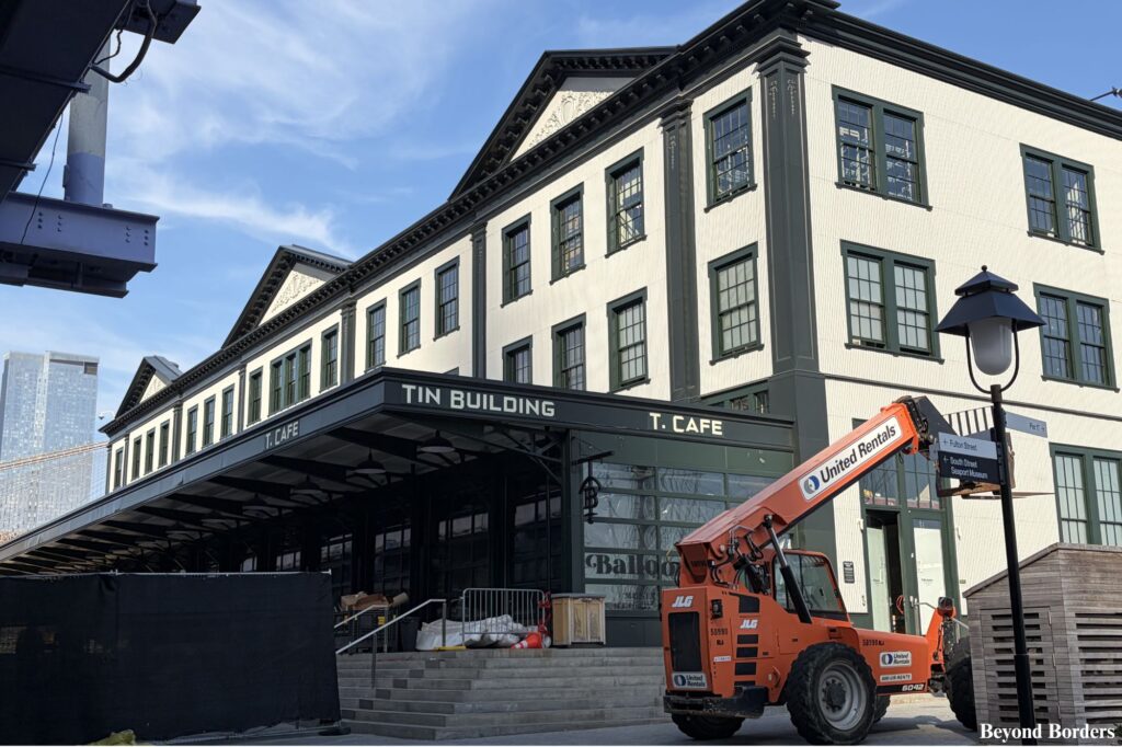 The empty Tin Building at South Street Seaport; see the word "Balloon" on the bottom right window as it transitions into the Balloon Museum; is south street seaport worth visiting