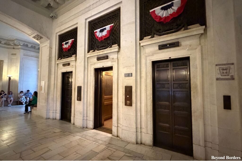 Elevator bank on NMAI's lower level in NYC