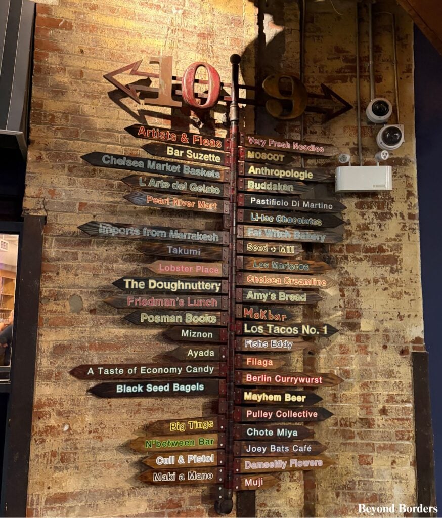 A directory in a hallway in Chelsea Market in NYC with the direction of each vendor