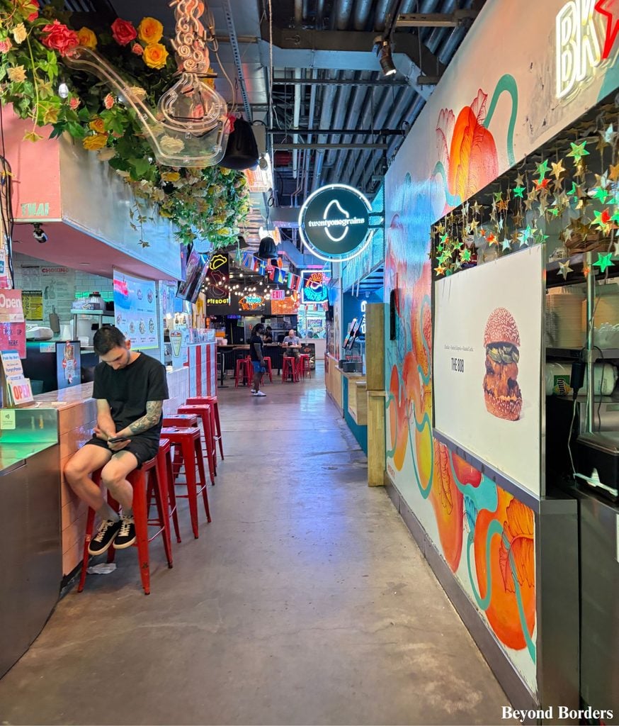 Neon-lit walkway in DeKalb Market in Brooklyn, NYC