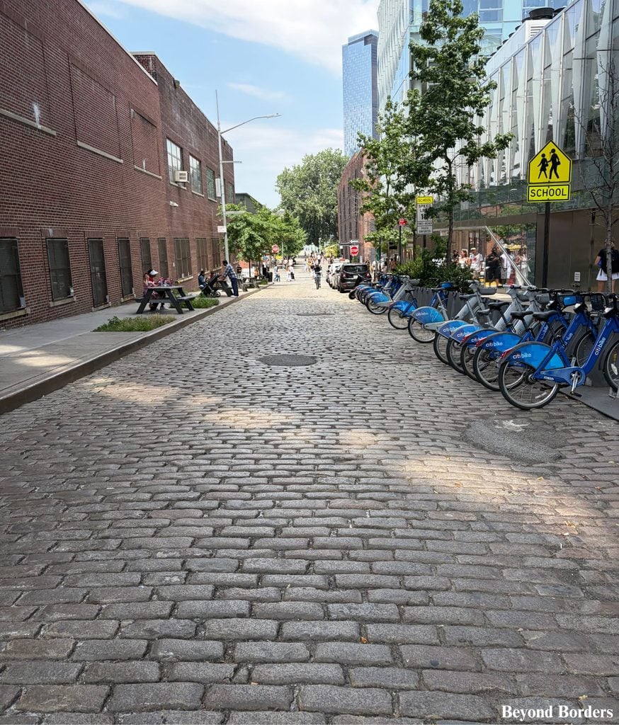 Dock St cobblestones on the way to Time Out Market in DUMBO, Brooklyn, NYC