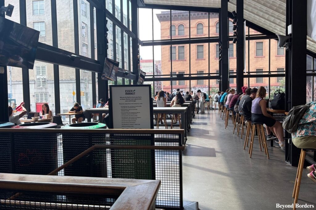 Essex Market 2nd floor seating with tables and chairs on the Lower East Side in NYC
