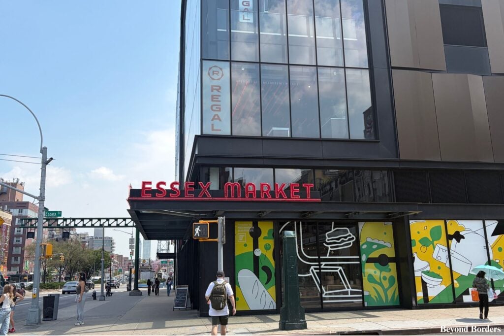 Essex Market seen from the corner of Essex St and Delancey St on the Lower East Side in NYC