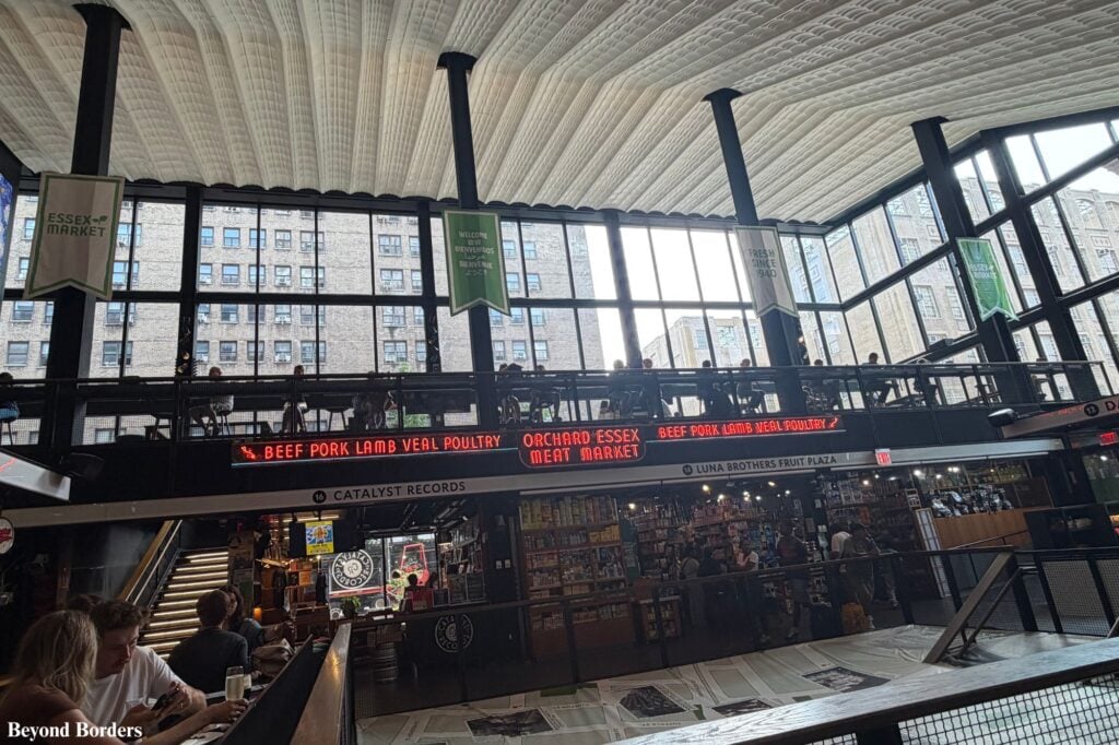 Essex Market floor mezzanine level with seating on the Lower East Side in NYC