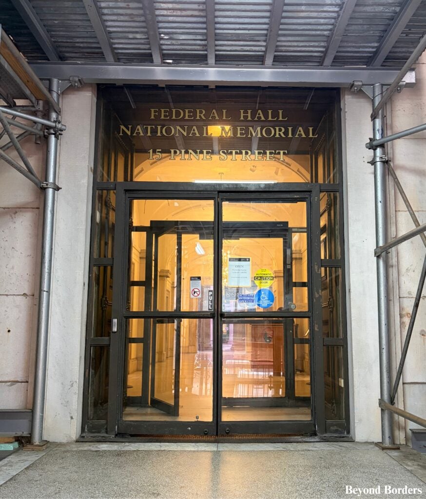Pine Street entrance to Federal Hall National Memorial in lower Manhattan, NYC
