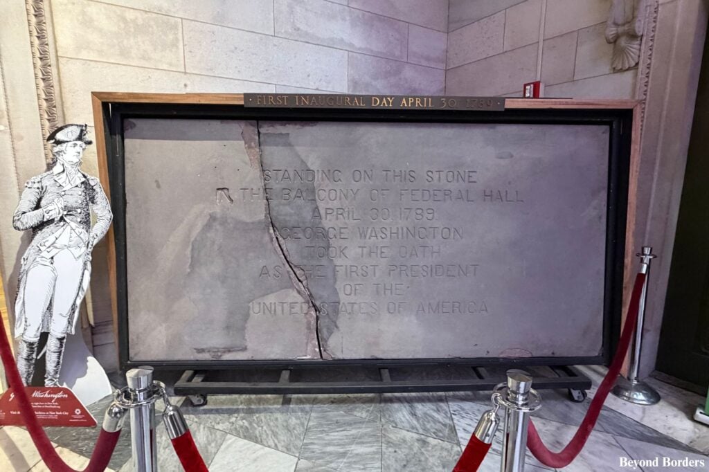 The Balcony Slab where George Washington stood and was inaugurated as the first President of the United States in Federal Hall, lower Manhattan, NYC; visiting Federal Hall NYC
