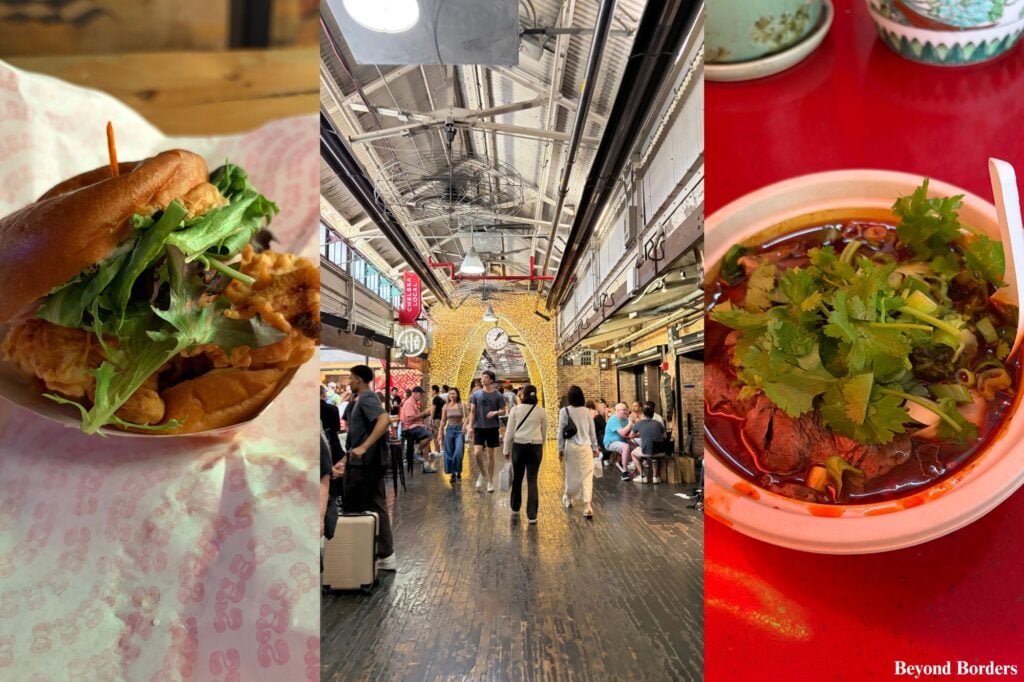 Baby's Buns and Buckets sandwich at DeKalb Market Hall, Chelsea Market walkway, and beef noodle soup at Chelsea Market in NYC