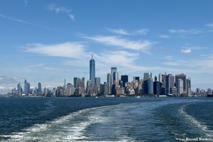Lower Manhattan seen from the back (stern) of the Staten Island ferry as the ferry moved farther from Manhattan