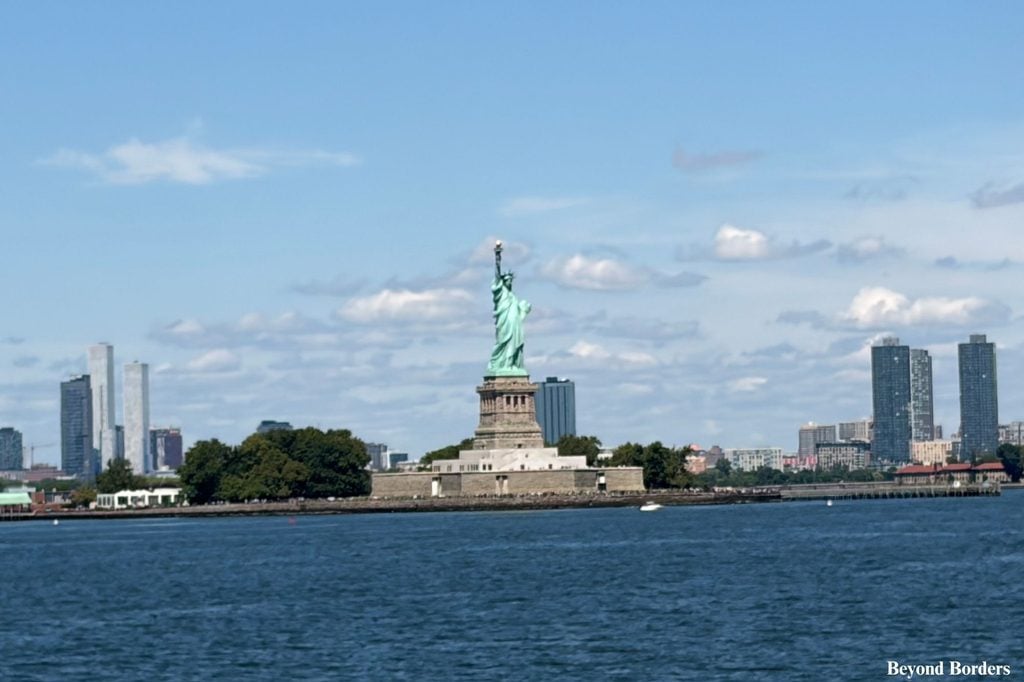 The Statue of Liberty seen from the stern (back) of the Staten Island Ferry