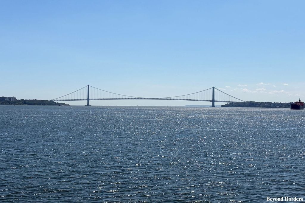 The Verrazzano Bridge seen from the Staten Island Ferry; the bridge connects Brooklyn and Staten Island 