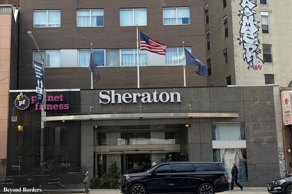 The Sheraton Tribeca New York Hotel entrance where Tribeca meets SoHo and Chinatown in Manhattan, NYC