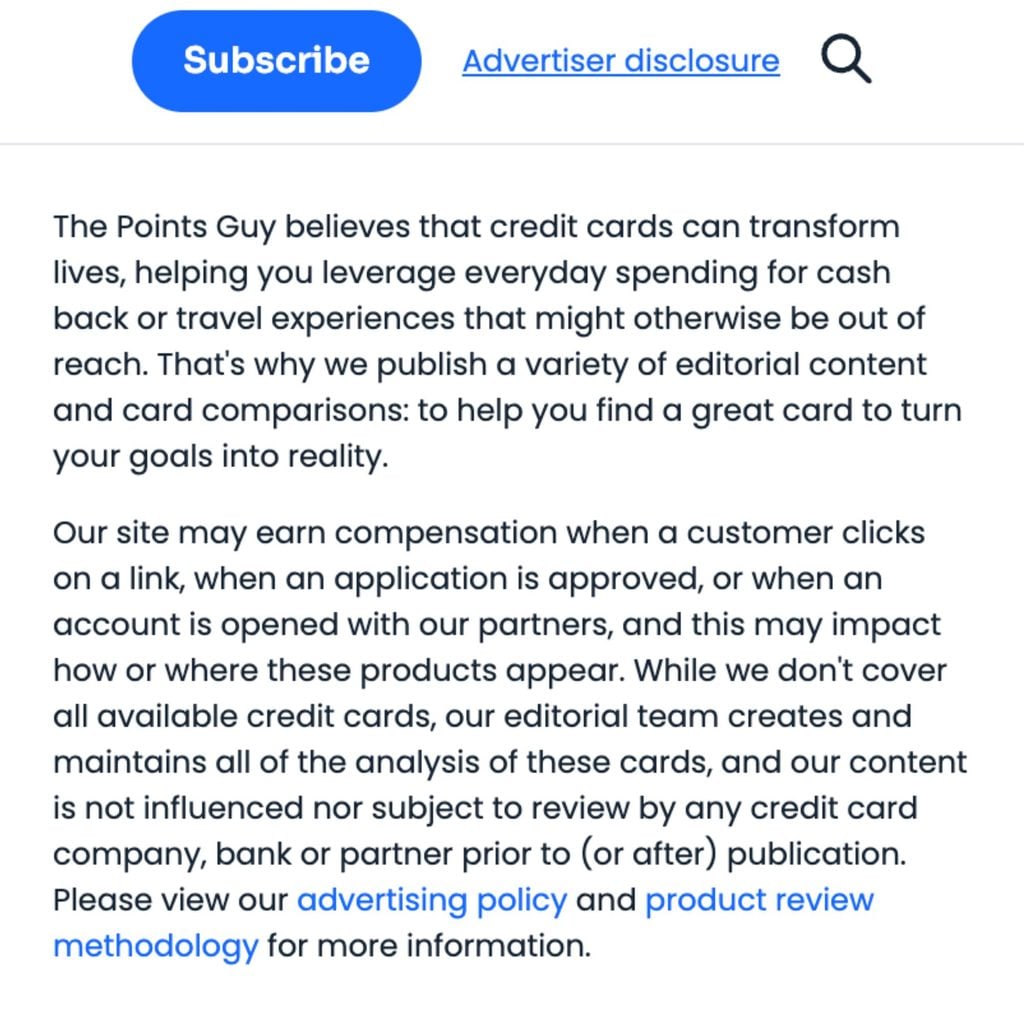 The Advertiser Disclosure on The Points Guy's website