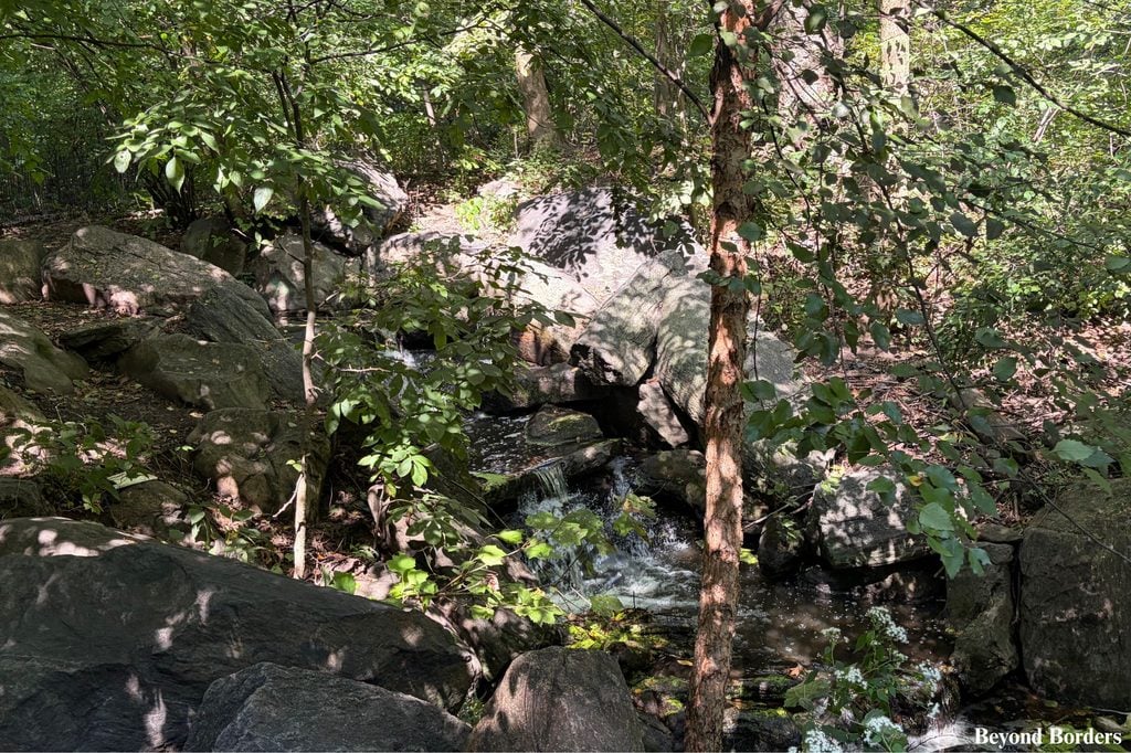 Waterfall in Central Park's North Woods surrounded by surrounded by trees and greenery in Manhattan, NYC; quiet spots in Central Park