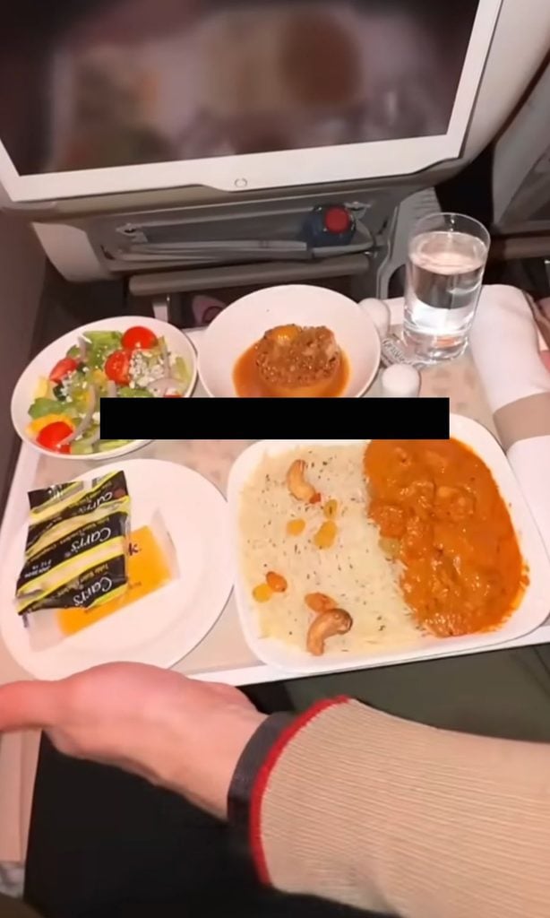 A travel influencer showing their premium economy 3-course meal on the flight; is travel hacking worth it