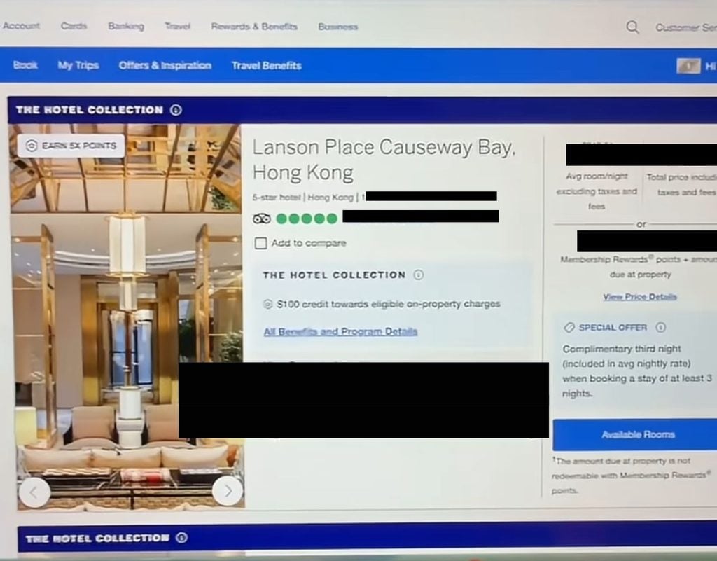 A travel influencer's video showing "travel hacking" with premium cards, searching for luxury properties under Amex’s "The Hotel Collection"